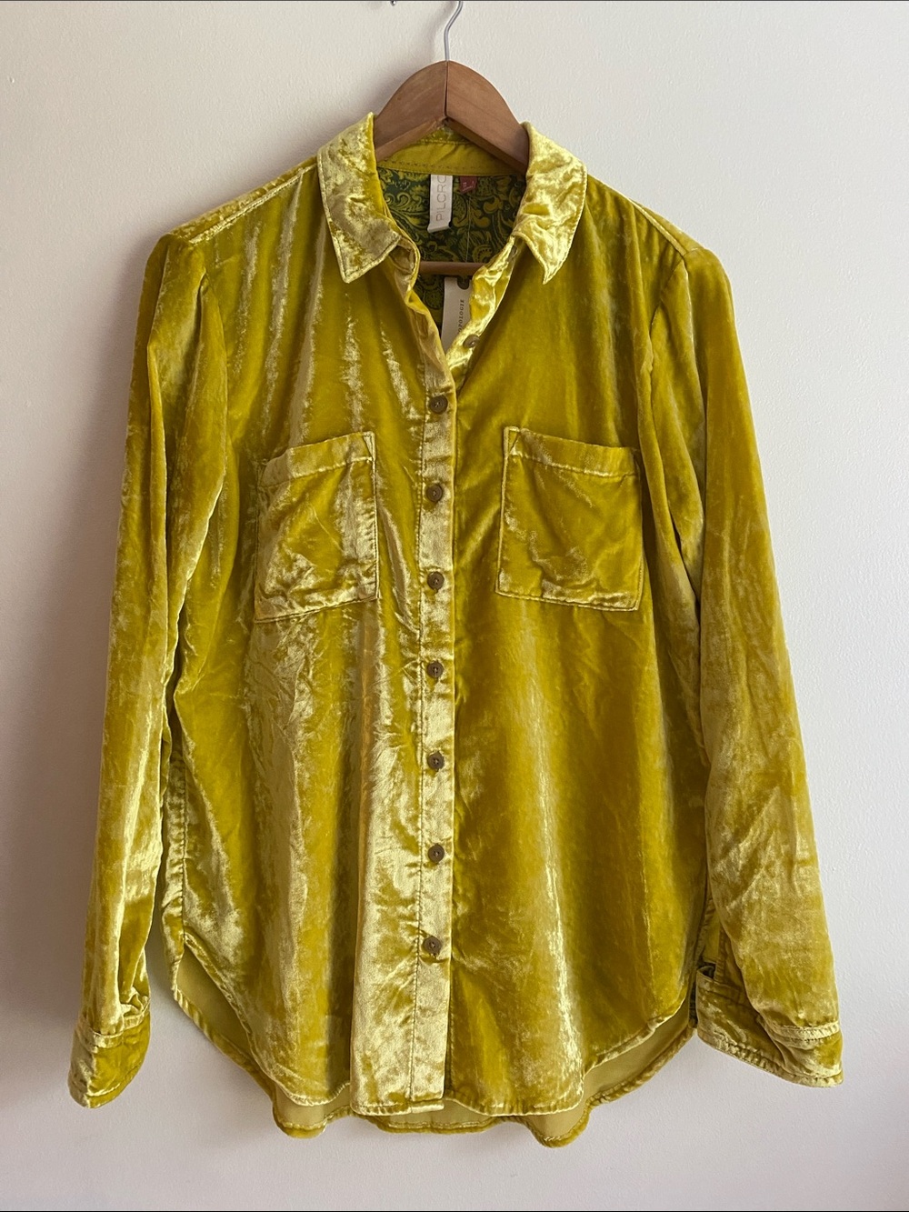 Anthropologie Pilcro Mara Velvet Buttondown Top Chartreuse-Yellow Sz 4 NWT